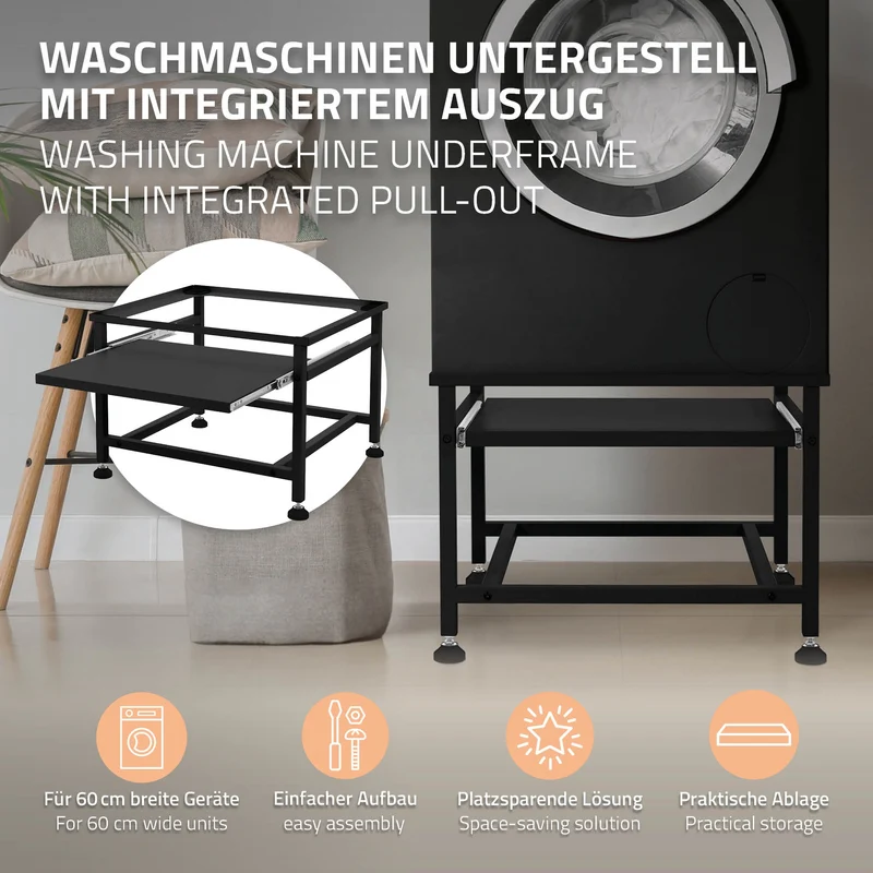 B-Ware Waschmaschinen Untergestell Unterschrank 62,5x50,1x40,5 cm mit ausziehbarer Ablage in Schwarz ML-Design