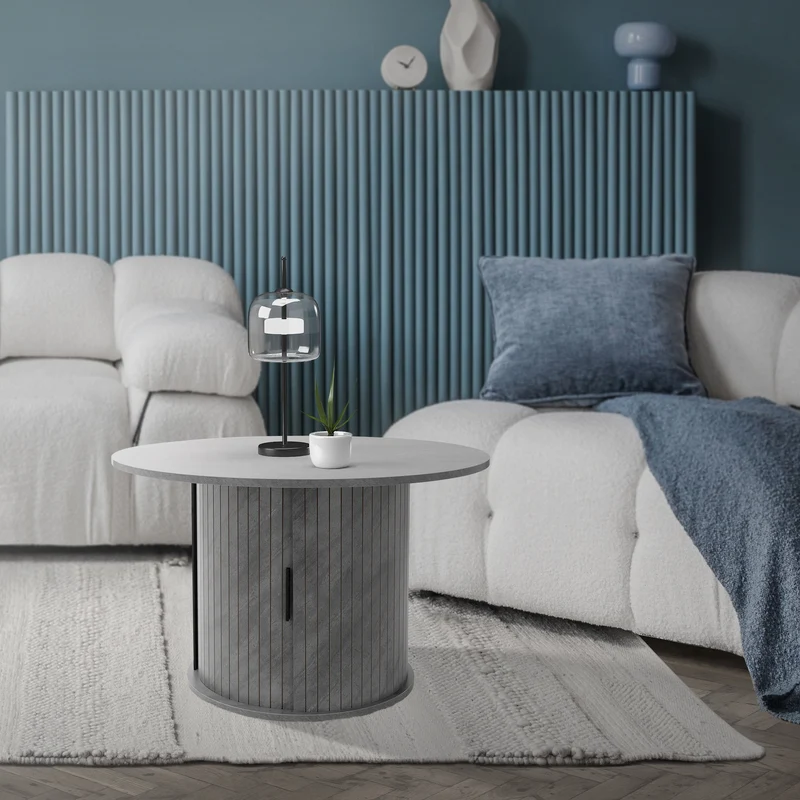 B-Ware Couchtisch mit Schiebetür Ø80x50 cm Beton-Optik Grau Runder Wohnzimmertisch mit Stauraum ML-Design