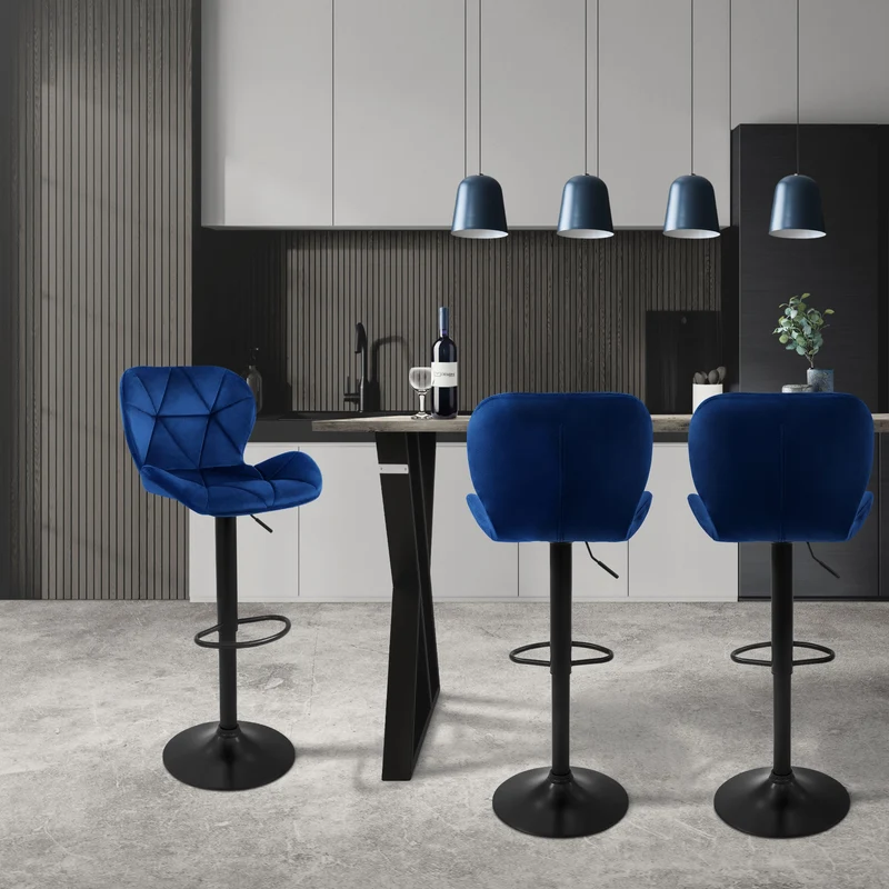 B-Ware Barhocker 2er Set Blau Samtbezug mit Rückenlehne und Fußstütze höhenverstellbar 59-79cm ML-Design