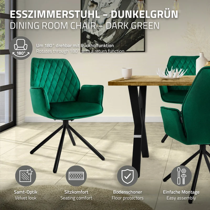 B-Ware Esszimmerstuhl drehbar mit Rücken- und Armlehnen Dunkelgrün Küchenstuhl mit Microfaser-Samtbezug ML-Design