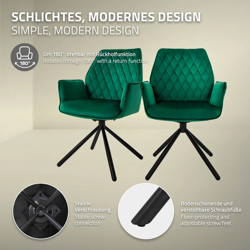 B-Ware Esszimmerstuhl drehbar mit Rücken- und Armlehnen Dunkelgrün Küchenstuhl mit Microfaser-Samtbezug ML-Design