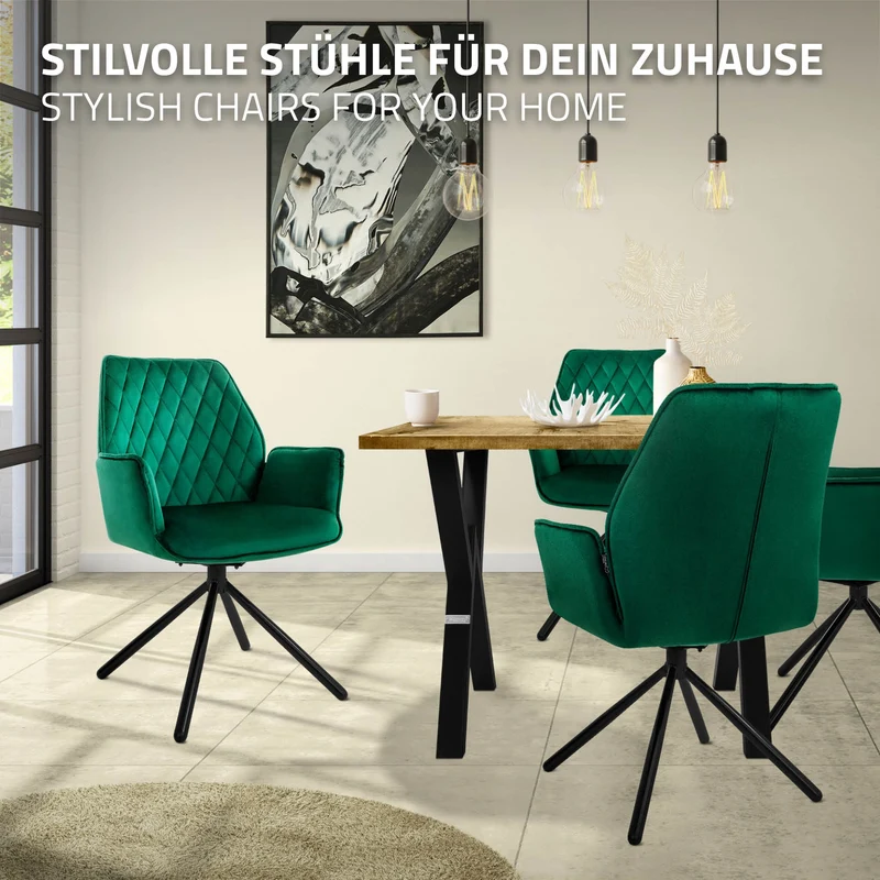 B-Ware Esszimmerstuhl drehbar mit Rücken- und Armlehnen Dunkelgrün Küchenstuhl mit Microfaser-Samtbezug ML-Design