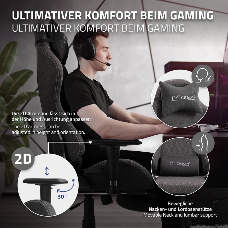B-Ware Gaming Stuhl Grau/Weiß aus Stoff ML-Design