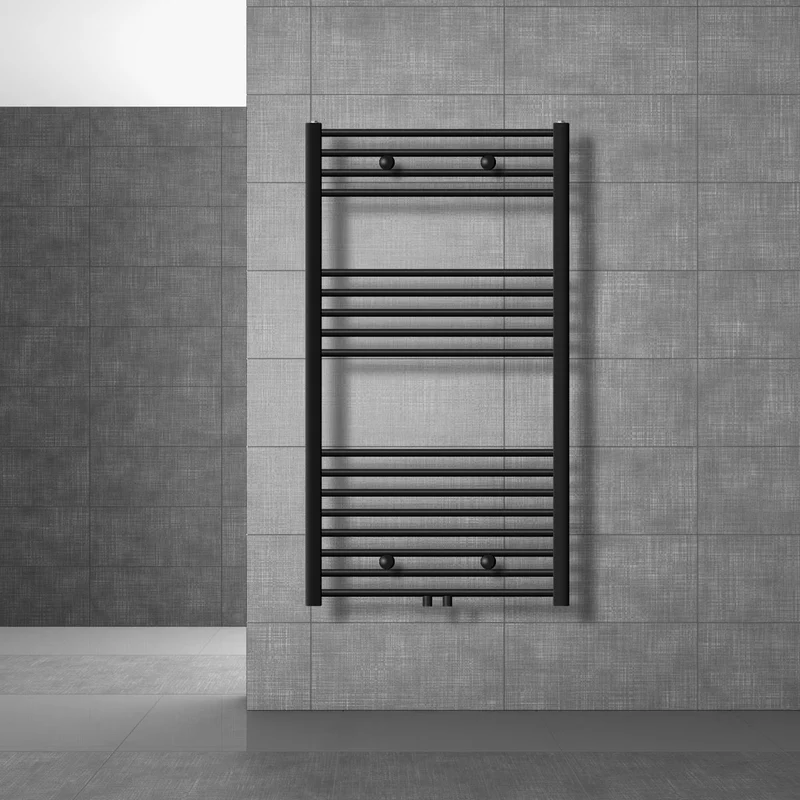 Badheizkörper Sahara 750x1200 mm Schwarz matt gerade mit Mittelanschluss & Boden Thermostatventil LuxeBath