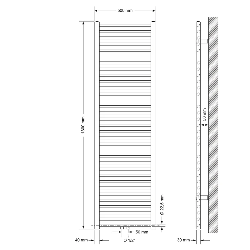Design Badheizkörper Sahara mit Universal Thermostatventil 500x1800 mm gerade Schwarz matt Mittelanschluss LuxeBath