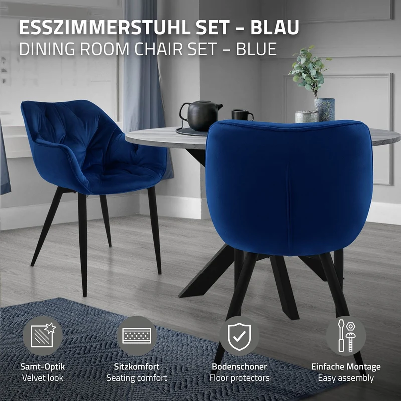 Esszimmerstuhl 6er Set mit Rücken- und Armlehnen Dunkelblau Küchenstuhl mit Microfaser-Samtbezug ML-Design