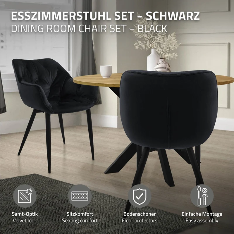 Esszimmerstuhl 6er Set mit Rücken- und Armlehnen Schwarz Küchenstuhl mit Microfaser-Samtbezug ML-Design