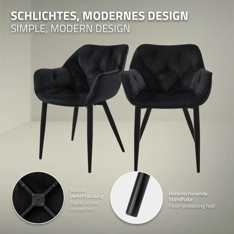 Esszimmerstuhl 4er Set mit Rücken- und Armlehnen Schwarz Küchenstuhl mit Microfaser-Samtbezug ML-Design