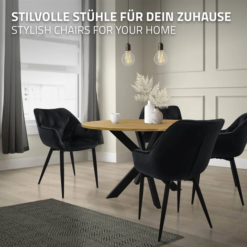 Esszimmerstuhl 4er Set mit Rücken- und Armlehnen Schwarz Küchenstuhl mit Microfaser-Samtbezug ML-Design