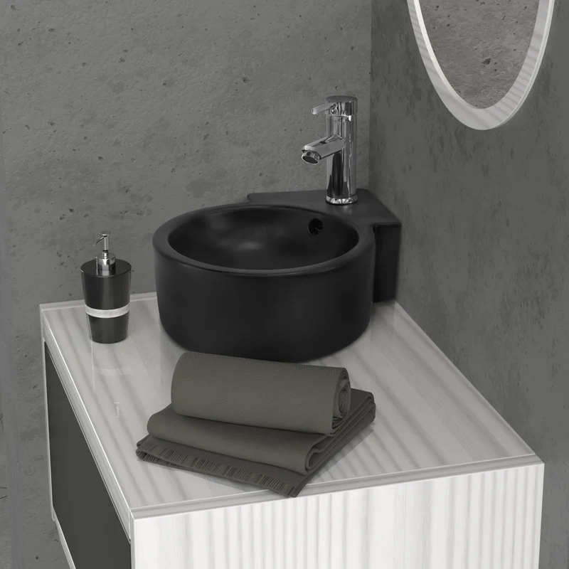 Waschbecken inkl. Ablaufgarnitur Silber mit Überlauf 45x36x13 cm Schwarz aus Keramik ML-Design