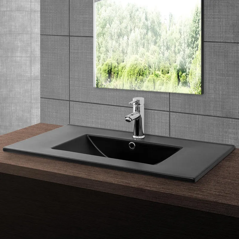 Waschbecken inkl. Ablaufgarnitur Silber mit Überlauf 81x47x17,5 cm Schwarz matt aus Keramik ML-Design