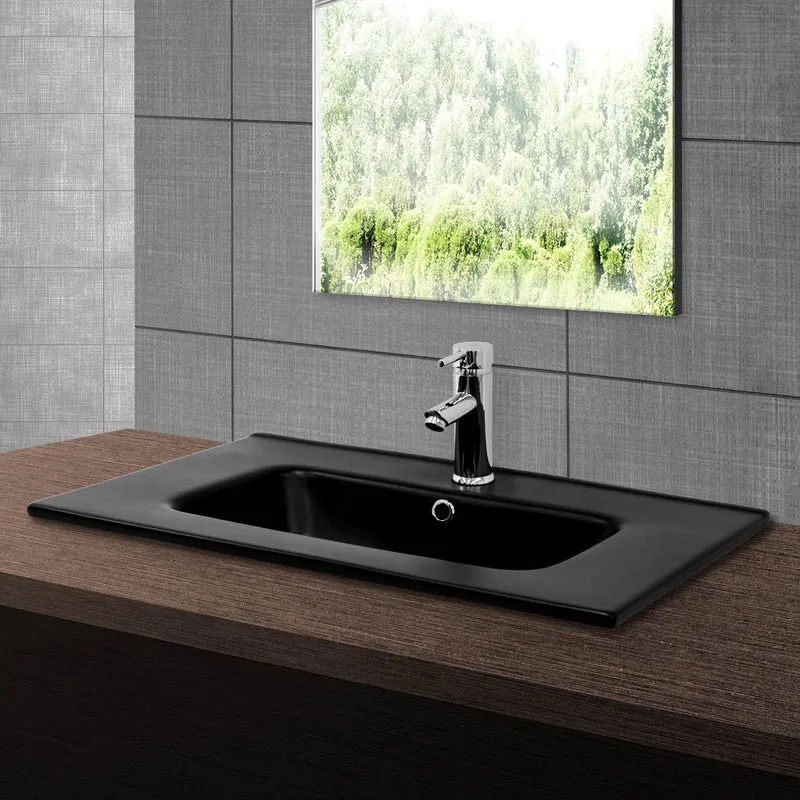 Waschbecken inkl. Ablaufgarnitur Silber mit Überlauf 71x47x18 cm Schwarz aus Keramik ML-Design
