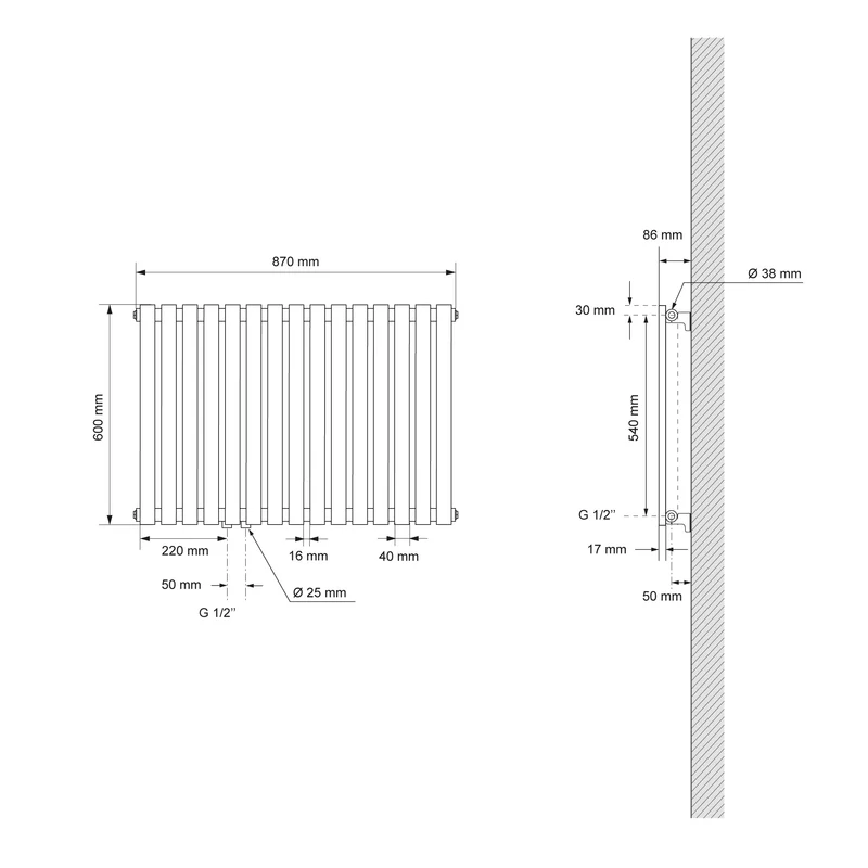 Badheizkörper mit Mittelanschluss 870x600 mm Chrom horizontal LuxeBath