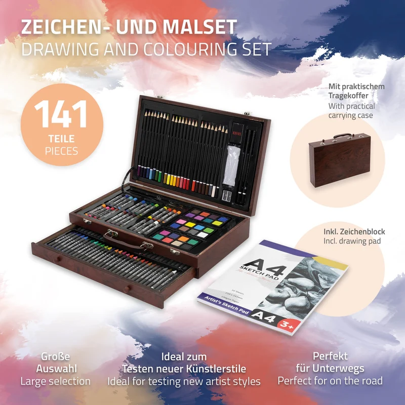 Malkoffer aus Holz 141-Teilig mit Buntstiften, Ölpastellkreide, Aquarellfarben