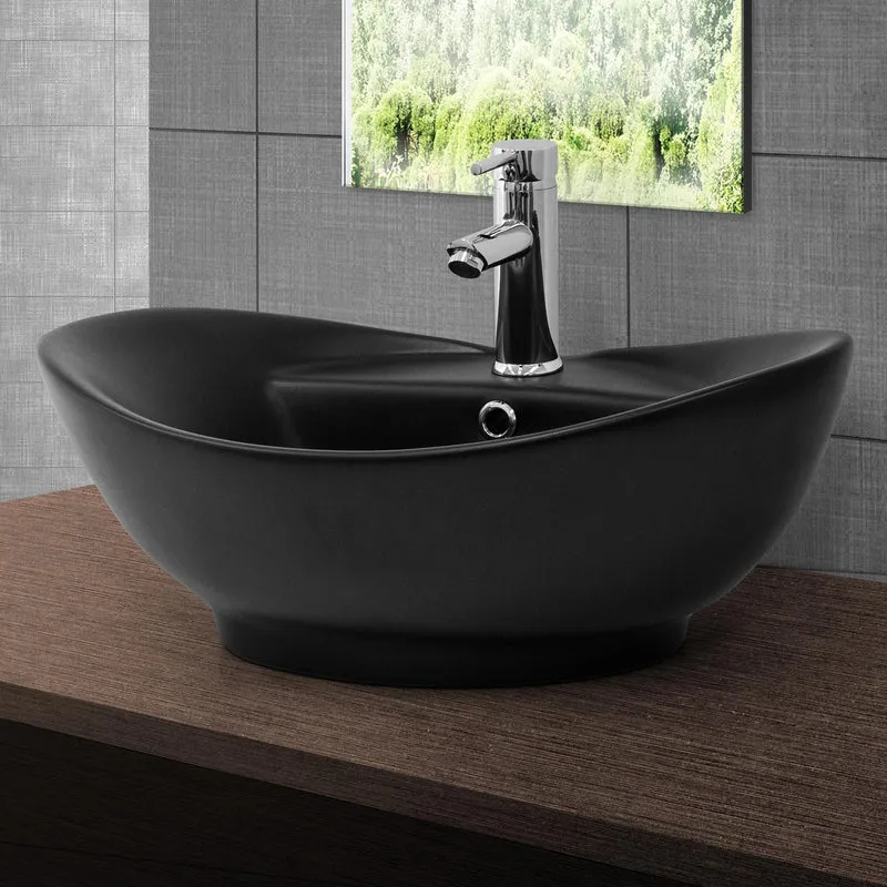 Waschbecken inkl. Ablaufgarnitur Silber mit Überlauf 59x39,5x20,5 cm Schwarz matt aus Keramik LuxeBath