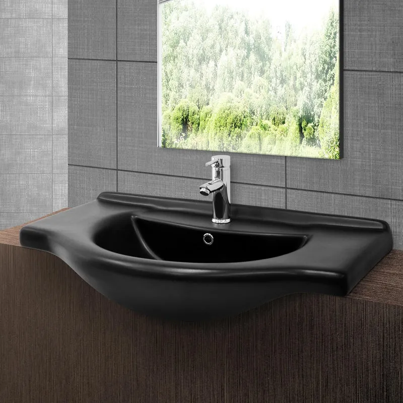 Waschbecken inkl. Ablaufgarnitur Silber mit Überlauf 87x50,5x22,5 cm Schwarz matt aus Keramik ML-Design