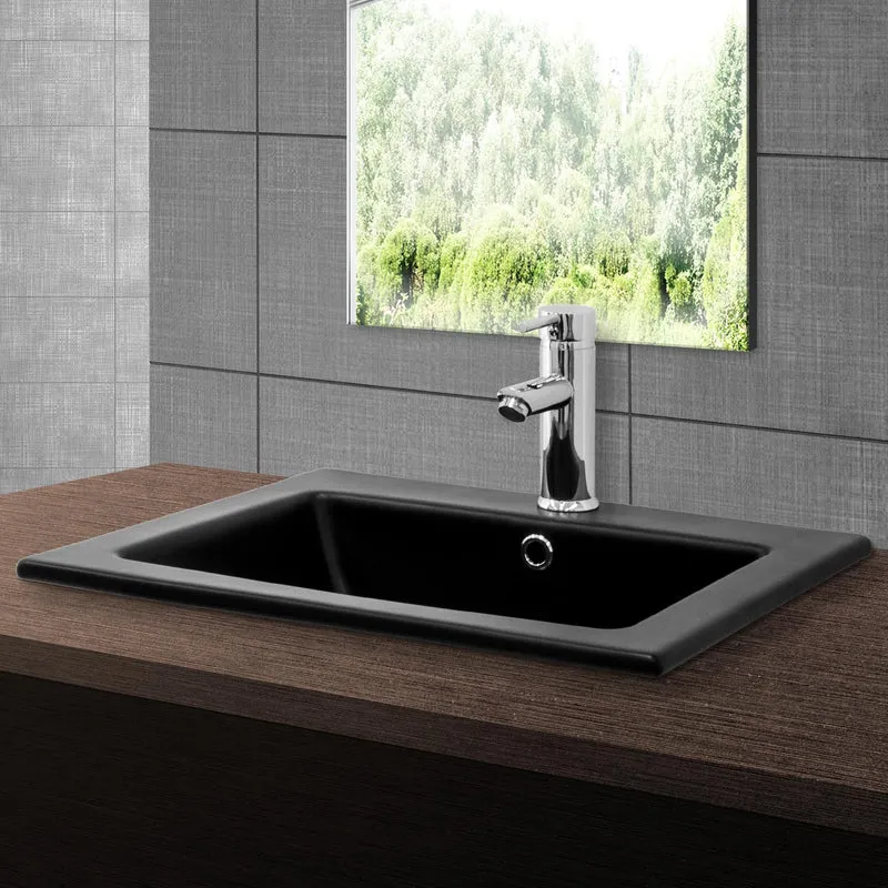 Waschbecken inkl. Ablaufgarnitur Silber mit Überlauf 52,5x45x21 cm Schwarz matt aus Keramik ML-Design