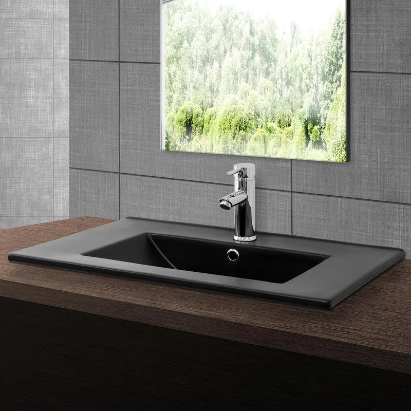 Waschbecken inkl. Ablaufgarnitur mit Überlauf 71x46,5x16,5 cm Schwarz matt aus Keramik ML-Design