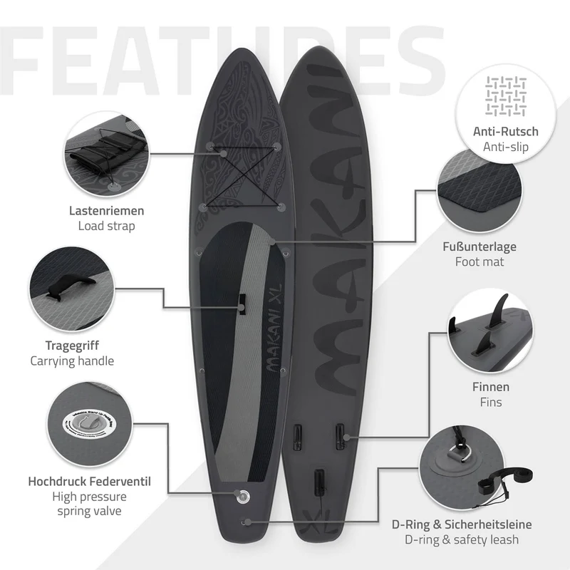 Stand Up Paddle aufblasbares SUP Board Makani XL 380x80x15 cm Schwarz aus PVC inkl. Pumpe und Tragetasche