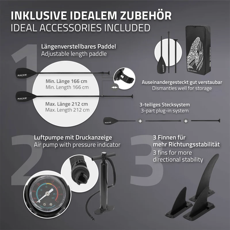 Stand Up Paddle aufblasbares SUP Board Makani XL 380x80x15 cm Schwarz aus PVC inkl. Pumpe und Tragetasche