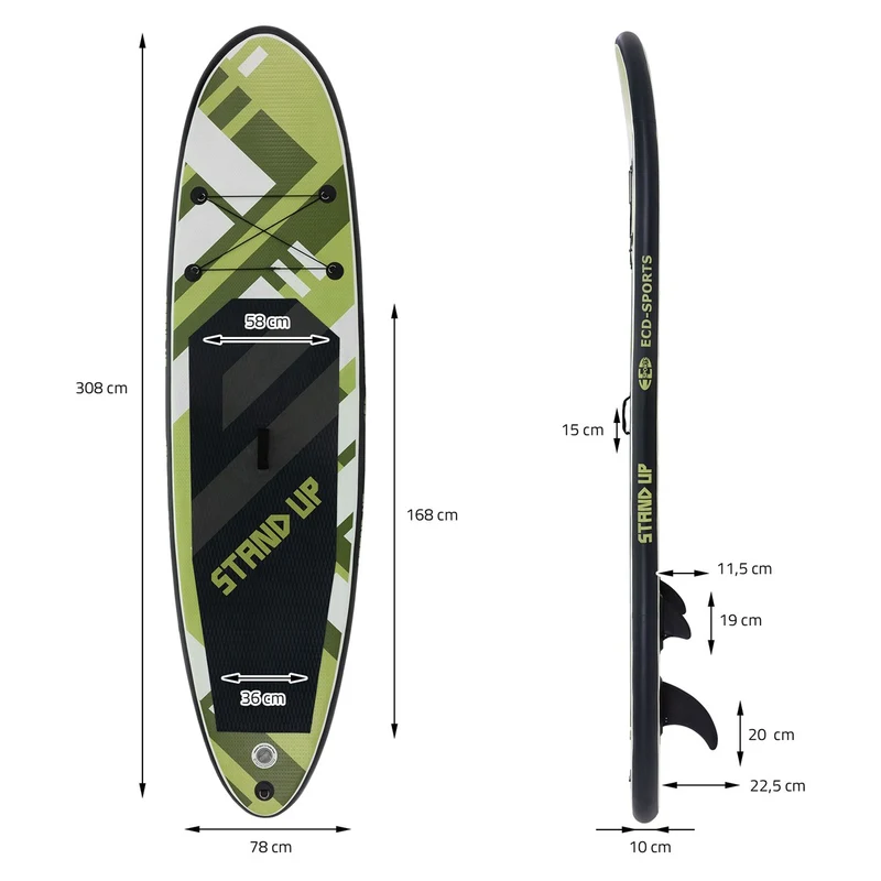 Stand Up Paddle aufblasbares SUP Board 308x78x10 cm in Olive aus PVC inkl. Pumpe und Tragetasche