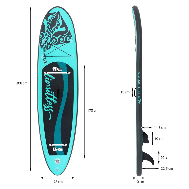 Stand Up Paddle aufblasbares SUP Board Limitless 308x76x10 in Türkis aus PVC inkl. Pumpe und Tragetasche