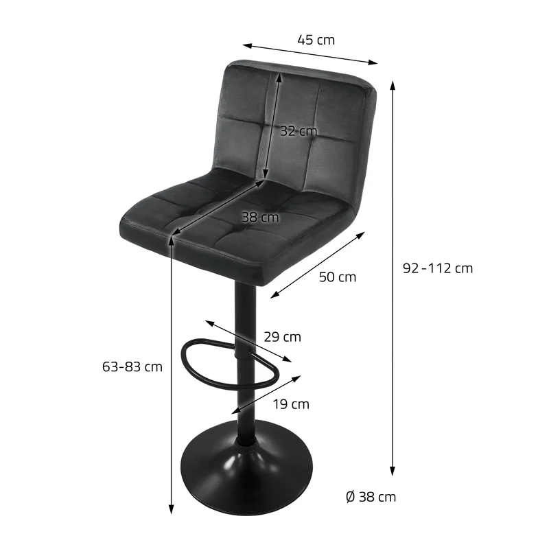 B-Ware Barhocker 2er Set Grau Samtbezug mit Rückenlehne und Fußstütze höhenverstellbar 63-83cm ML-Design
