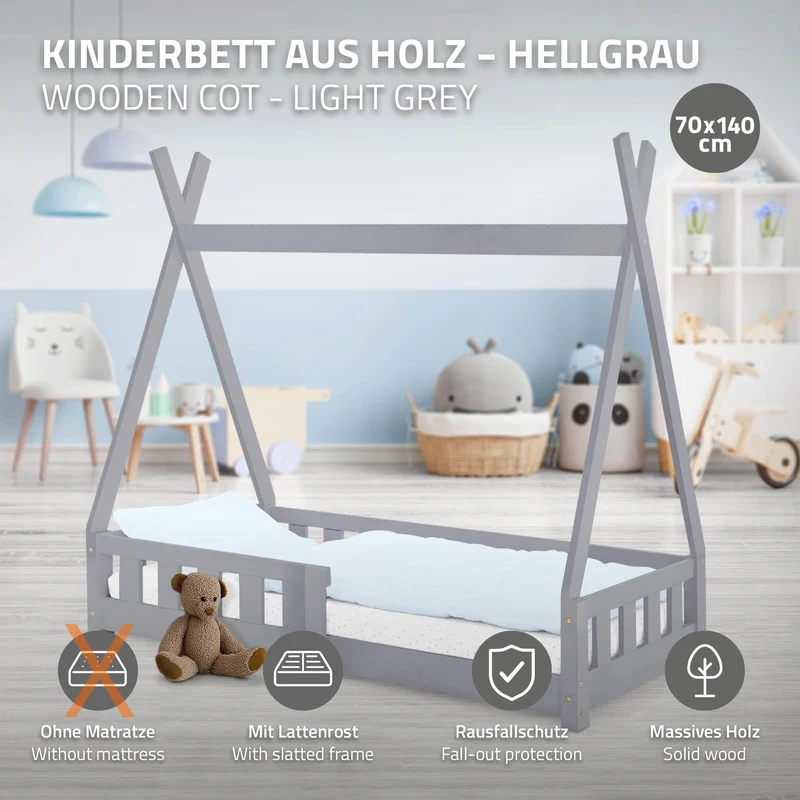B-Ware Kinderbett Tipi 70x140 cm Hellgrau aus Kiefernholz mit Rausfallschutz und Lattenrost Holzbett ML-Design