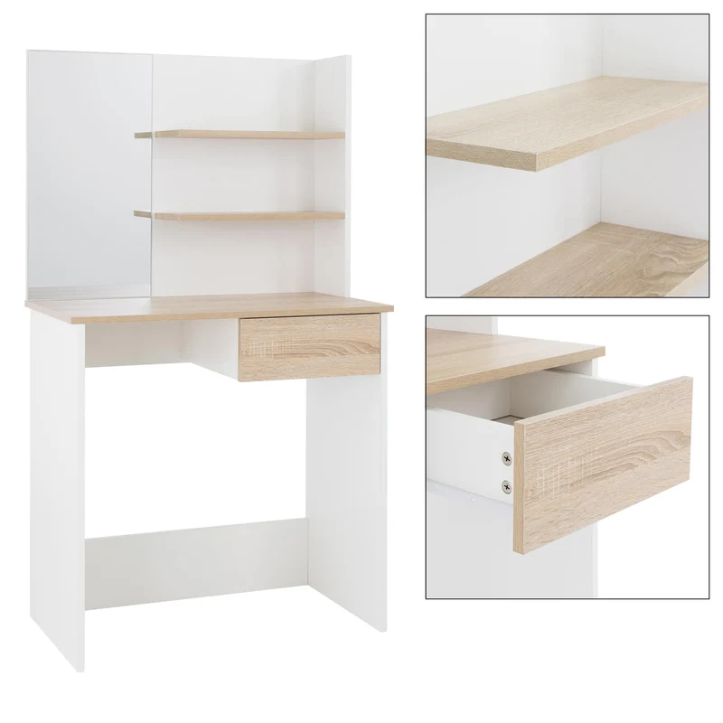 Schminktisch Frisiertisch 75x40x135 cm in Weiß/Natur mit Spiegel, Schublade & Hocker ML-Design