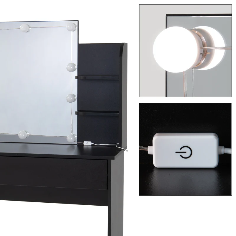 Schminktisch Frisiertisch 108x40x140 cm in Schwarz mit Spiegel, LED Beleuchtung, Schublade & Hocker ML-Design
