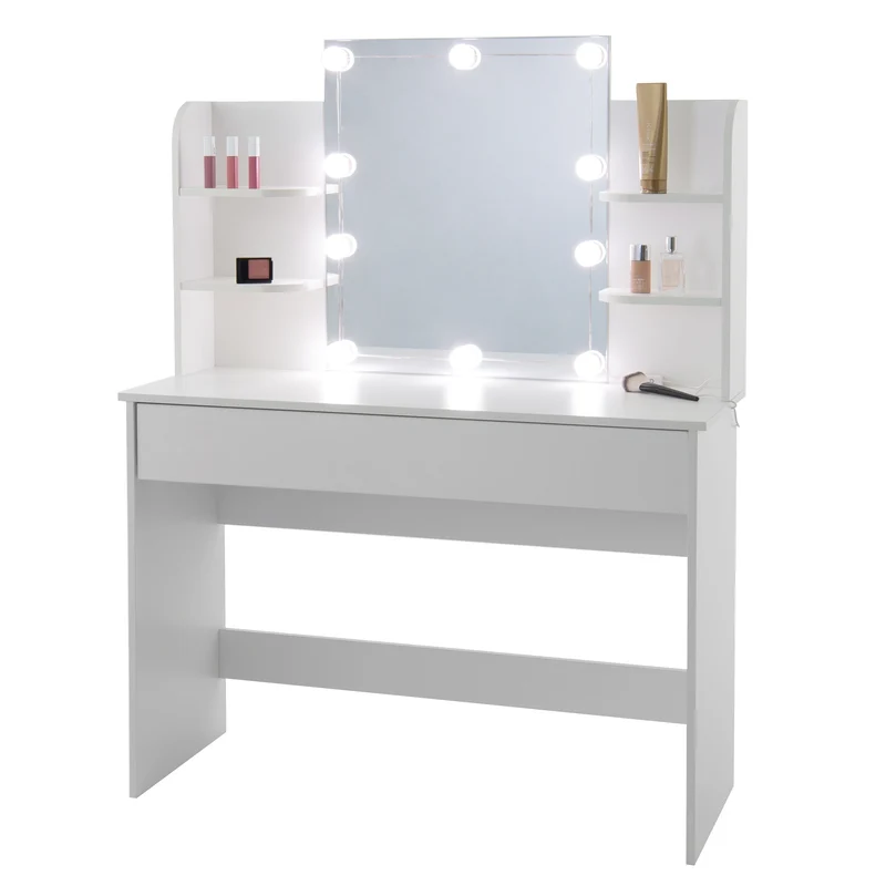 Schminktisch Frisiertisch 108x40x140 cm in Weiß mit Spiegel, LED Beleuchtung, Schublade & Hocker ML-Design