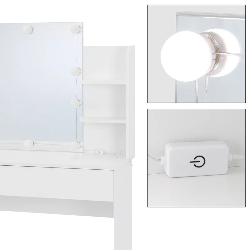 Schminktisch Frisiertisch 108x40x140 cm in Weiß mit Spiegel, LED Beleuchtung, Schublade & Hocker ML-Design