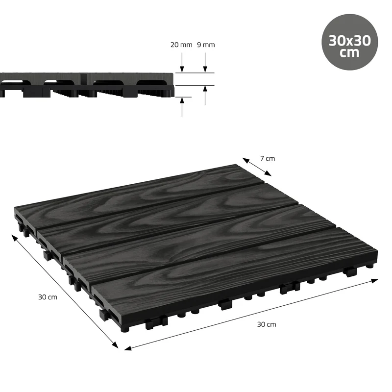 4x WPC Terrassenfliesen 30x30 cm 11er Spar Set für 1m² Anthrazit in Holzoptik Bodenbelag mit Drainage und Klicksystem