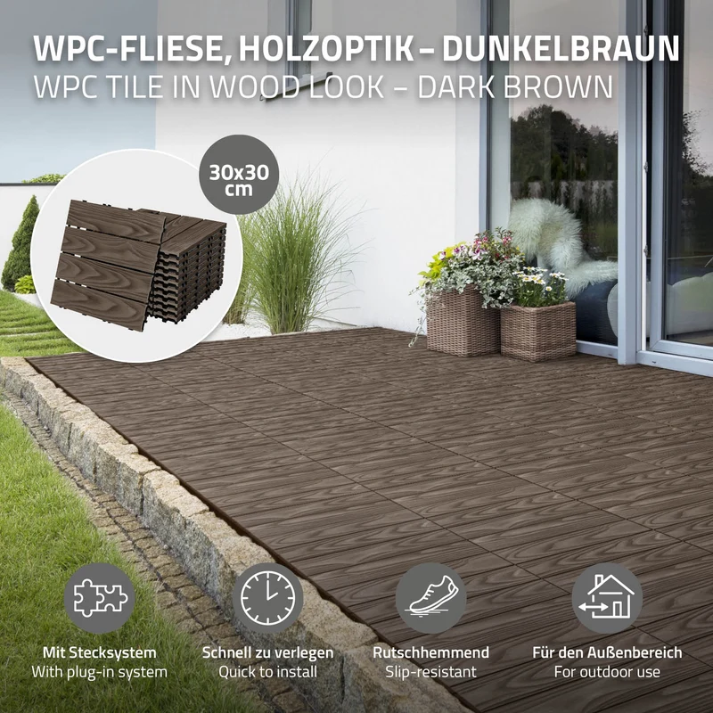 3x WPC Terrassenfliesen 30x30 cm 11er Spar Set für 1m² Dunkelbraun in Holzoptik Bodenbelag mit Drainage & Klicksystem