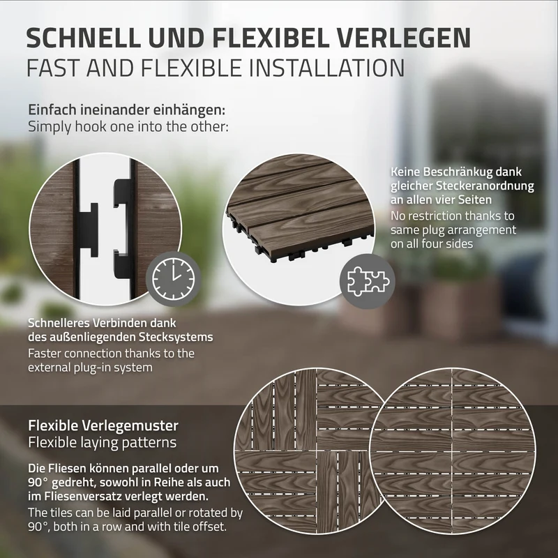 3x WPC Terrassenfliesen 30x30 cm 11er Spar Set für 1m² Dunkelbraun in Holzoptik Bodenbelag mit Drainage & Klicksystem