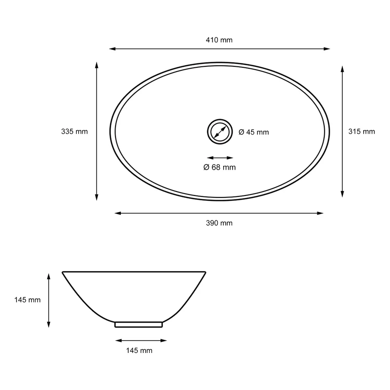 Waschbecken Oval ohne Überlauf 41x33,5x14,5 cm Schwarz aus Keramik LuxeBath