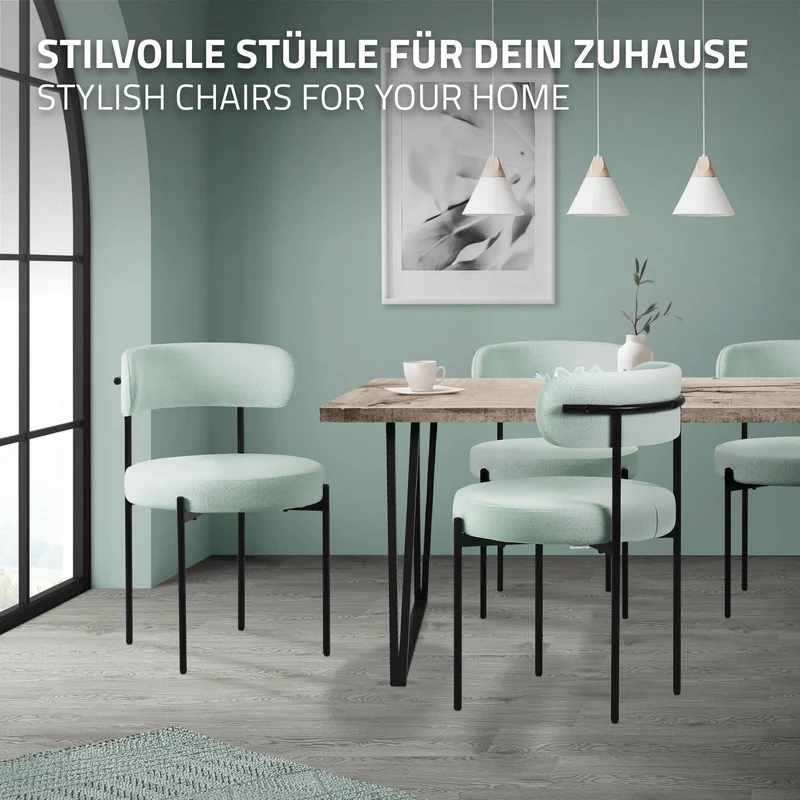 Esszimmerstuhl 6er Set mit Teddystoff mit Rückenlehne Grün Küchenstuhl ML-Design