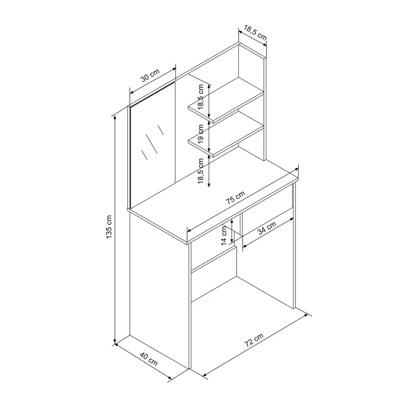 Schminktisch Frisiertisch 75x40x135 cm in Weiß mit Spiegel, Schublade & Ablagen ML-Design