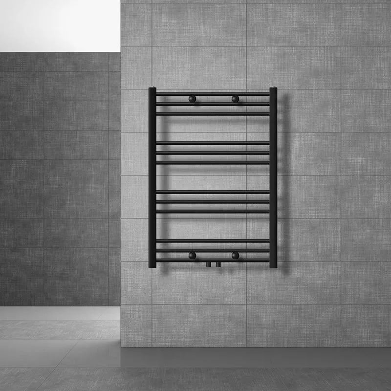 Badheizkörper Mittelanschluss 750x800 mm Schwarz matt gebogen mit Wand Anschlussgarnitur LuxeBath