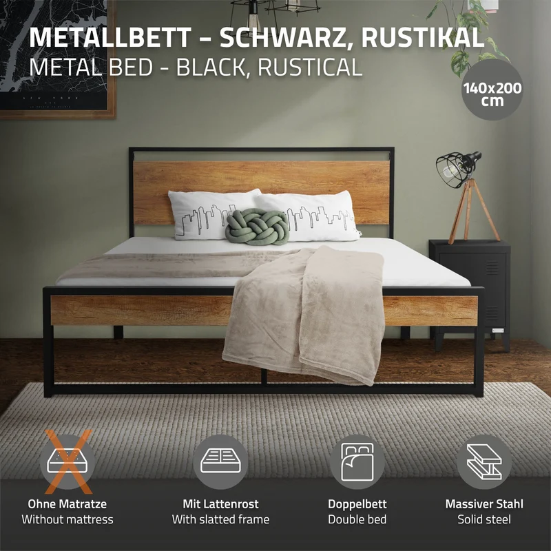 Metallbett 140x200 cm mit Lattenrost Schwarz/Braun Bettgestell 210 x 36,5/88 x 145 cm mit Holz Kopf- & Fußteil ML-Design