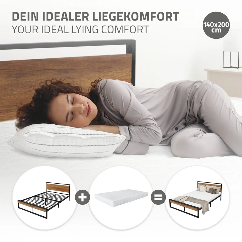 Metallbett 140x200 cm mit Lattenrost Schwarz/Braun Bettgestell 210 x 36,5/88 x 145 cm mit Holz Kopf- & Fußteil ML-Design