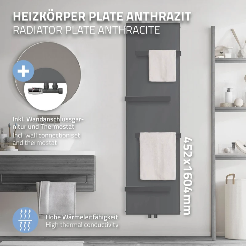 Badheizkörper 1600x452 mm Anthrazit mit Wand Anschlussgarnitur inkl. 4x Handuchhalter ML-Design