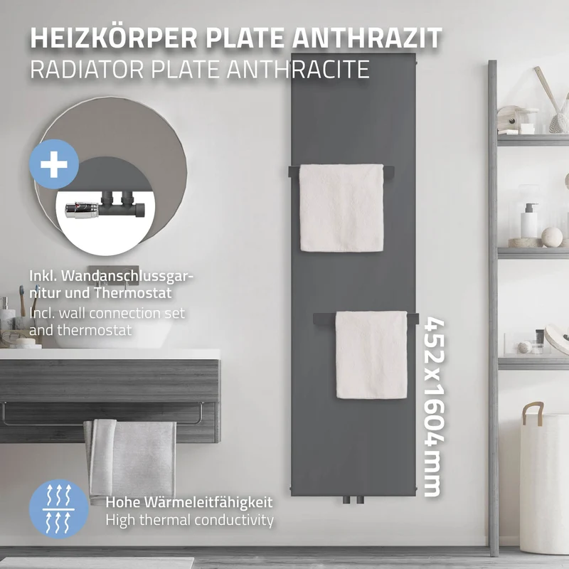 Badheizkörper 1600x452 mm Anthrazit mit Wand Anschlussgarnitur inkl. 2x Handuchhalter ML-Design