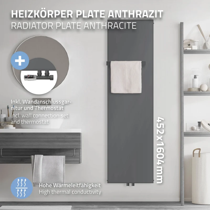 Badheizkörper 1600x452 mm Anthrazit mit Wand Anschlussgarnitur inkl. 1x Handuchhalter ML-Design