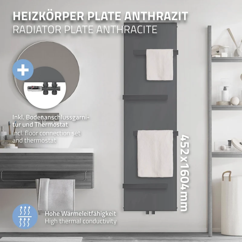 Badheizkörper 1600x452 mm Anthrazit mit Boden Anschlussgarnitur inkl. 4x Handuchhalter ML-Design