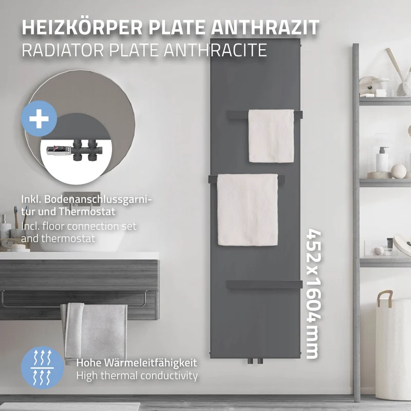 Badheizkörper 1600x452 mm Anthrazit mit Boden Anschlussgarnitur inkl. 3x Handuchhalter ML-Design