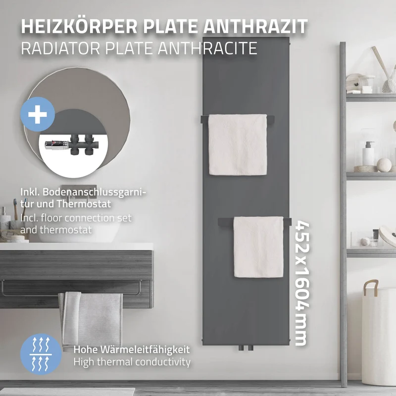 Badheizkörper 1600x452 mm Anthrazit mit Boden Anschlussgarnitur inkl. 2x Handuchhalter ML-Design
