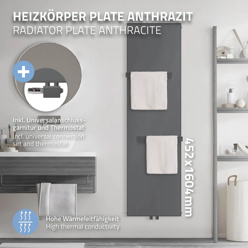 Badheizkörper 1600x452 mm Anthrazit mit Universale Anschlussgarnitur inkl. 2x Handuchhalter ML-Design