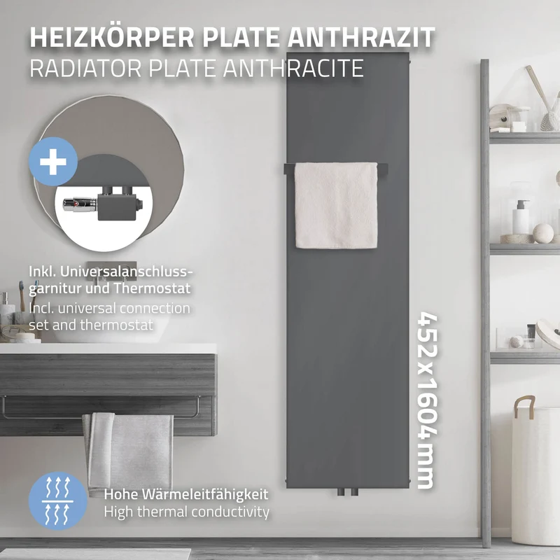 Badheizkörper 1600x452 mm Anthrazit mit Universale Anschlussgarnitur inkl. 1x Handuchhalter ML-Design