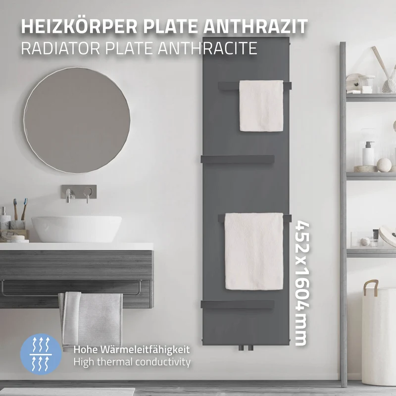 Badheizkörper 1600x452 mm Anthrazit mit Mittelanschluss inkl. 4x Handuchhalter ML-Design